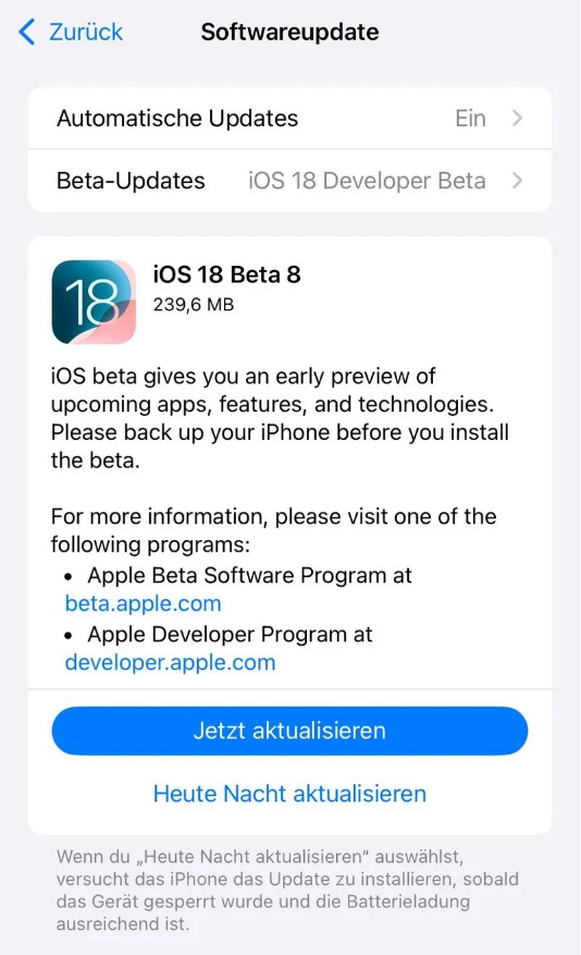 乌尔禾苹果手机维修分享苹果 iOS / iPadOS 18 开发者预览版 Beta 8 发布 